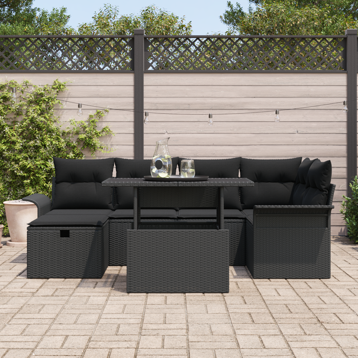 Set de 7 Piese de Sofa de Grădină cu Perne Negru Ratan Poliesteric - WALTI WALTI