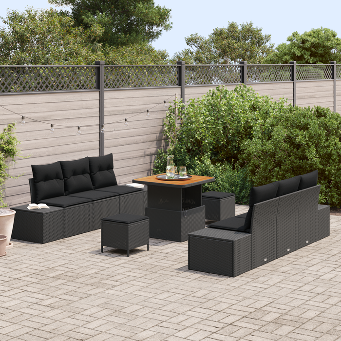 Set de canapea de grădină vidaXL din 9 piese cu perne, ratan negru, acacia - WALTI WALTI