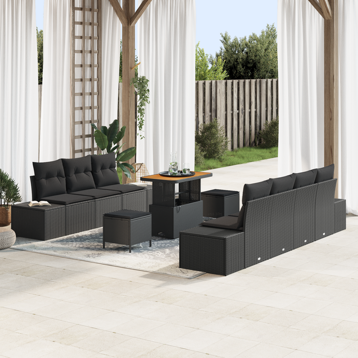Set de Sofa pentru Grădină vidaXL cu 10 Piese și Perne Negru Poliratan Acacia - WALTI WALTI