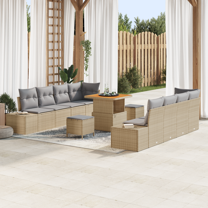 Set de sofa de grădină cu 11 piese cu perne bej din ratan polimeric și acacia - WALTI WALTI