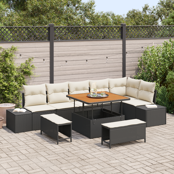 Set de sofa de grădină vidaXL 9 Piese cu perne Ratan Poly Negru Acacia - WALTI WALTI