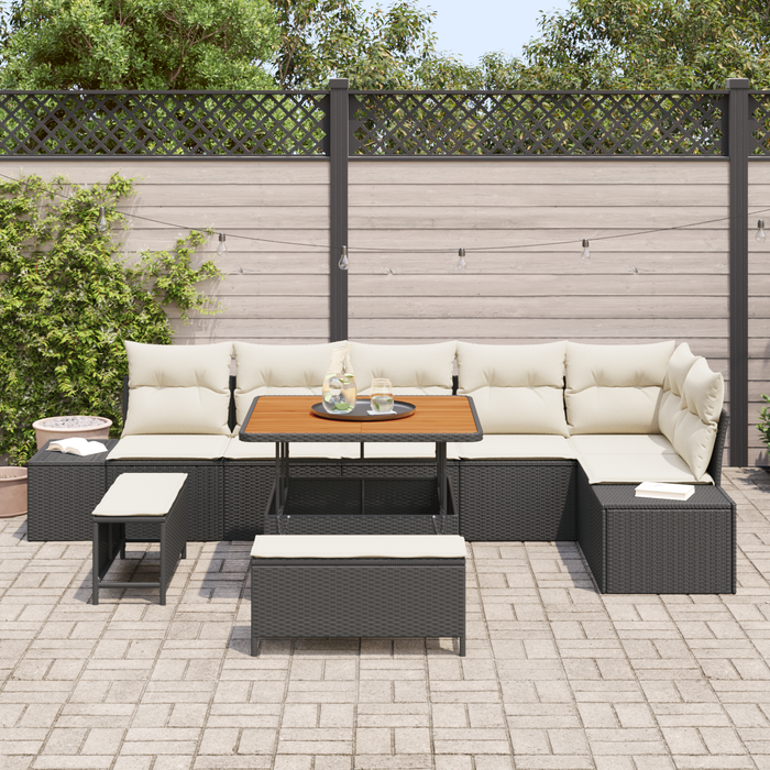 Set de sofa de grădină vidaXL 9 Piese cu perne Ratan Poly Negru Acacia - WALTI WALTI