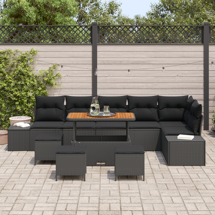 Set de sofa pentru grădină vidaXL 10 piese cu perne negre din poliratan de acacia - WALTI WALTI