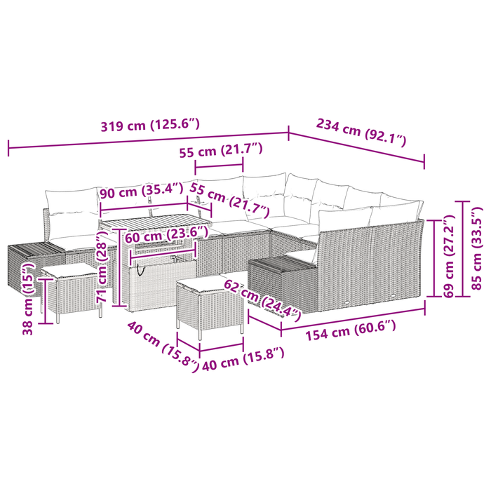 Set de sofa de grădină vidaXL 12 piese cu perne Negru Poliratan Acacia - WALTI WALTI