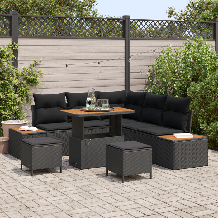 Set de canapea de grădină vidaXL cu 8 perne Negru Poliratan Acacia - WALTI WALTI