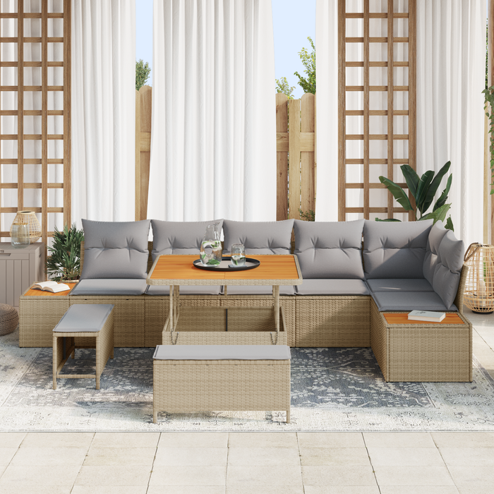 Set de Sofa de Grădină cu 9 Piese și Perne Bej Poli Ratan Acacia - WALTI WALTI