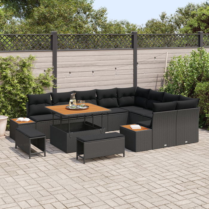 Set de sofa pentru grădină vidaXL cu 12 piese și perne din poliratan negru de acacia - WALTI WALTI