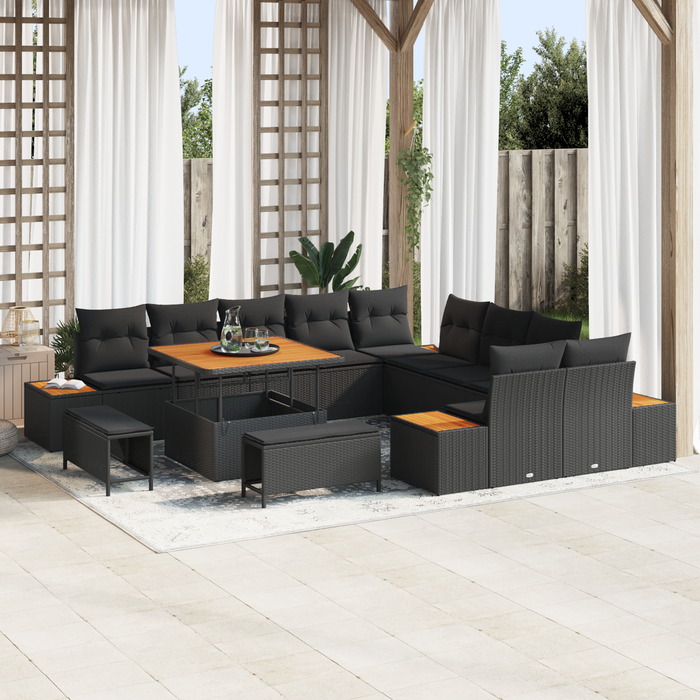 Set de 13 Piese Sofa de Grădină cu Pernuțe Negru Poliratan Acacia - WALTI WALTI