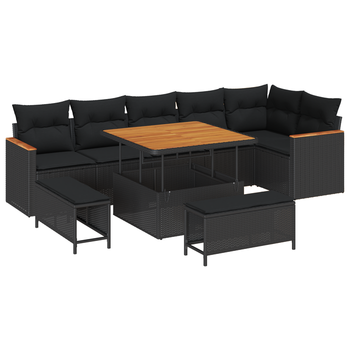 Set de canapele pentru grădină vidaXL cu perne, 9 piese, Negru, Poliratan, Acacia - WALTI WALTI