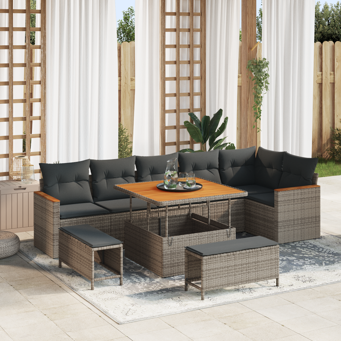 Set Sofa Grădină vidaXL 9 Piese cu Pernițe Gri Poliratan Acacia - WALTI WALTI