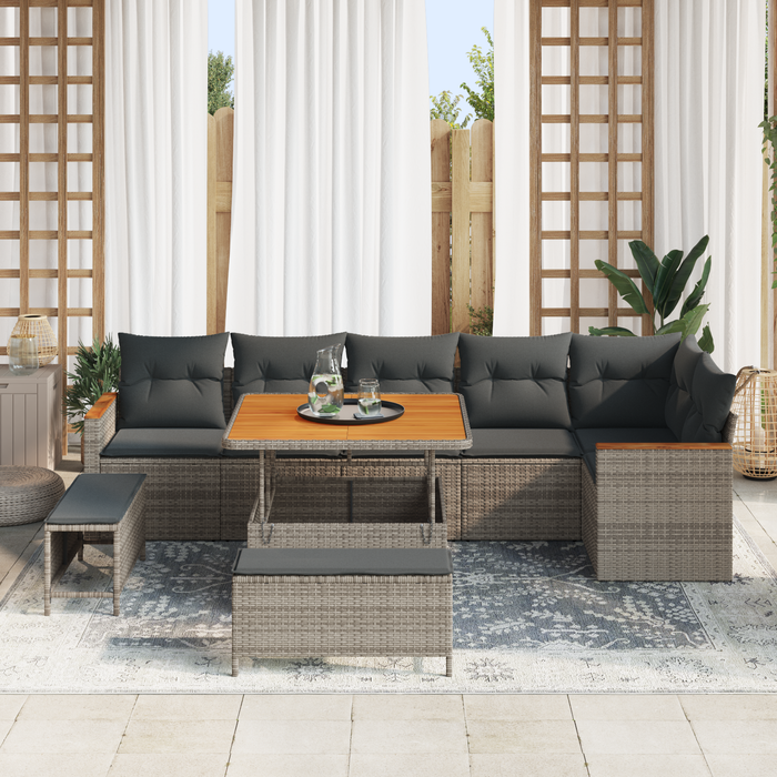 Set Sofa Grădină vidaXL 9 Piese cu Pernițe Gri Poliratan Acacia - WALTI WALTI