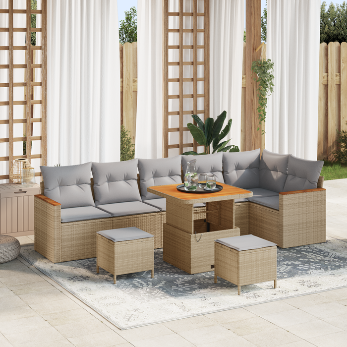 Set de sofa de grădină vidaXL 9 piese cu perne bej din ratan poliesteric Acacia - WALTI WALTI
