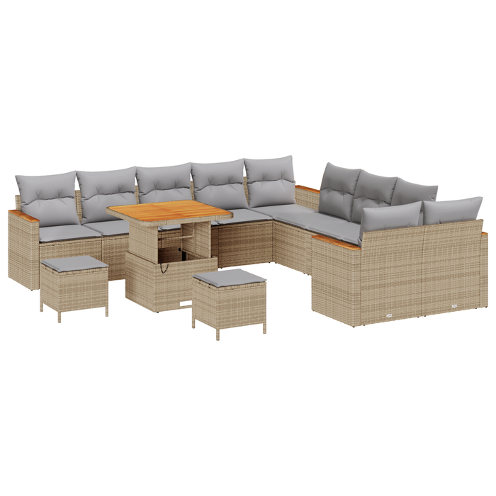 Set de Canapea de Grădină vidaXL cu 13 Piese cu Perne Bej Ratan Poly Acacia - WALTI WALTI