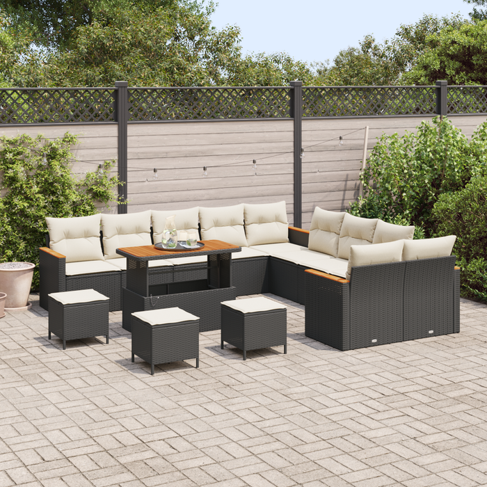 Set de canapea de grădină vidaXL cu 14 piese și perne Negru Ratan sintetic Acacia - WALTI WALTI