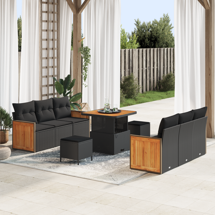 Set de 9 piese de sofa de grădină vidaXL cu perne Negre Ratan Polimeric Acacia - WALTI WALTI