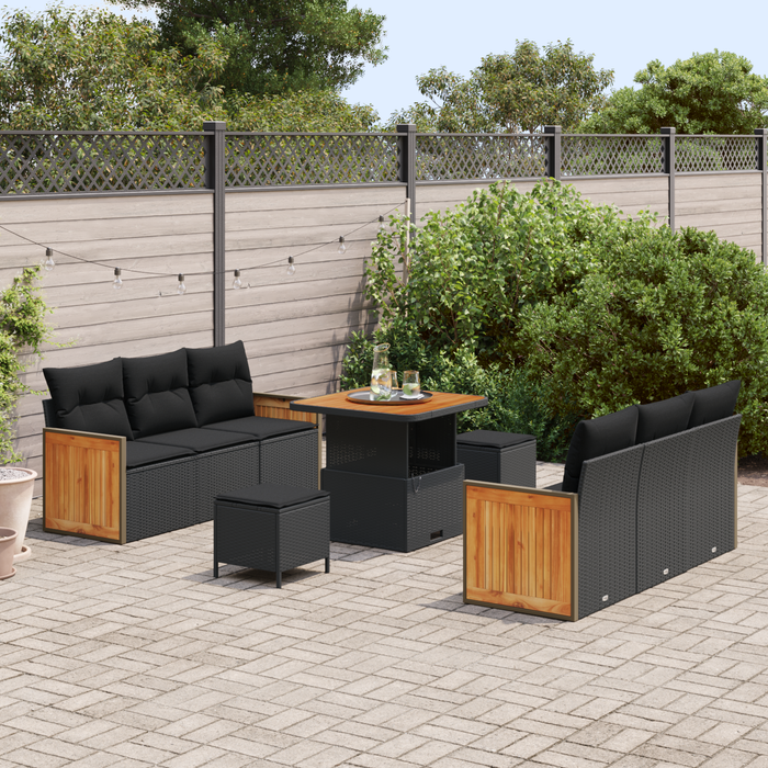 Set de 9 piese de sofa de grădină vidaXL cu perne Negre Ratan Polimeric Acacia - WALTI WALTI