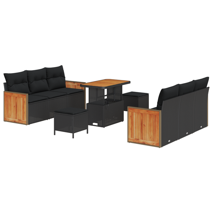 Set Canapea Grădină vidaXL cu 9 Piese și Perne Negre Ratan Poli Acacia - WALTI WALTI