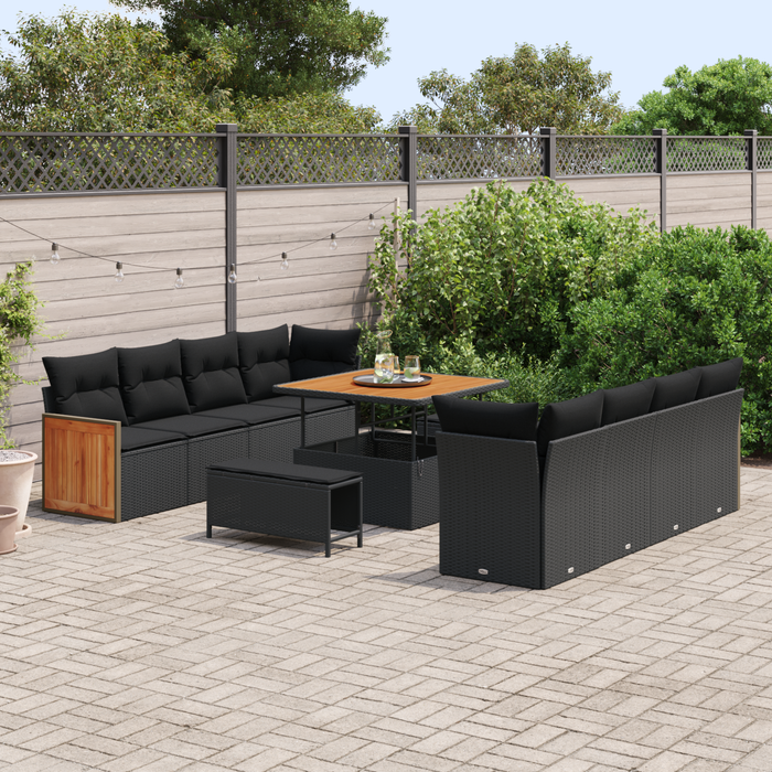 Set de canapea de grădină vidaXL cu 11 piese și perne, Negru, Ratan, Acacia - WALTI WALTI