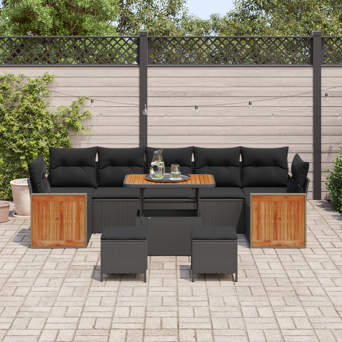 Set de sofa de grădină vidaXL cu 10 piese cu perne Negru Poliratan Acacia - WALTI WALTI