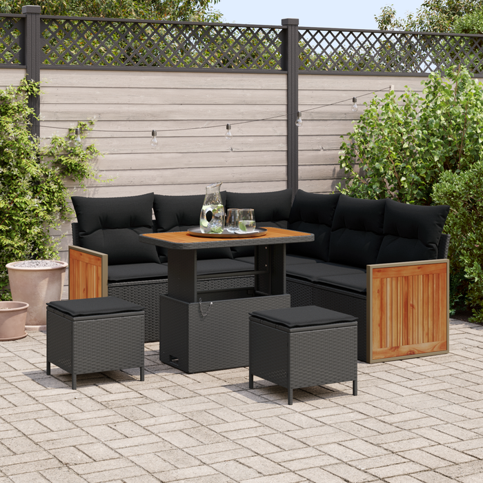 Set de Canapea de Grădină vidaXL 8 Piese cu Perne Negru Poli Ratan Acacia - WALTI WALTI