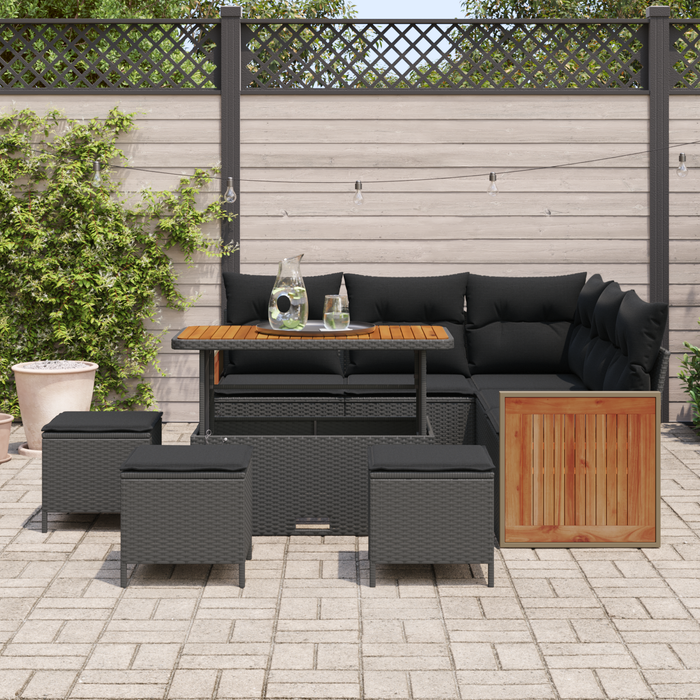 Set de Sofa de Grădină vidaXL 9 Piese cu Perne Negru Ratan Poliamidă Acacia - WALTI WALTI