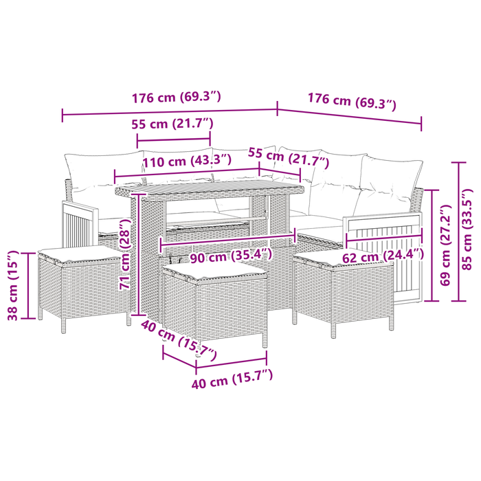 Set de Sofa de Grădină vidaXL 9 Piese cu Perne Negru Ratan Poliamidă Acacia - WALTI WALTI