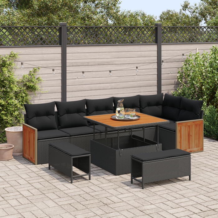 Set canapea de grădină cu 9 piese și perne, ratan negru, acacia - WALTI WALTI