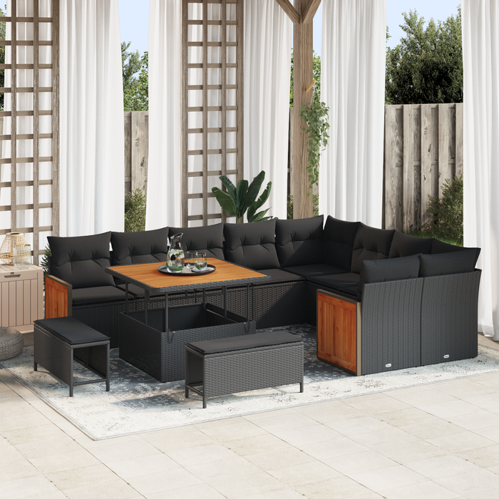Set de canapea de grădină vidaXL cu 12 piese cu perne Negru Ratan Poli Acacia - WALTI WALTI