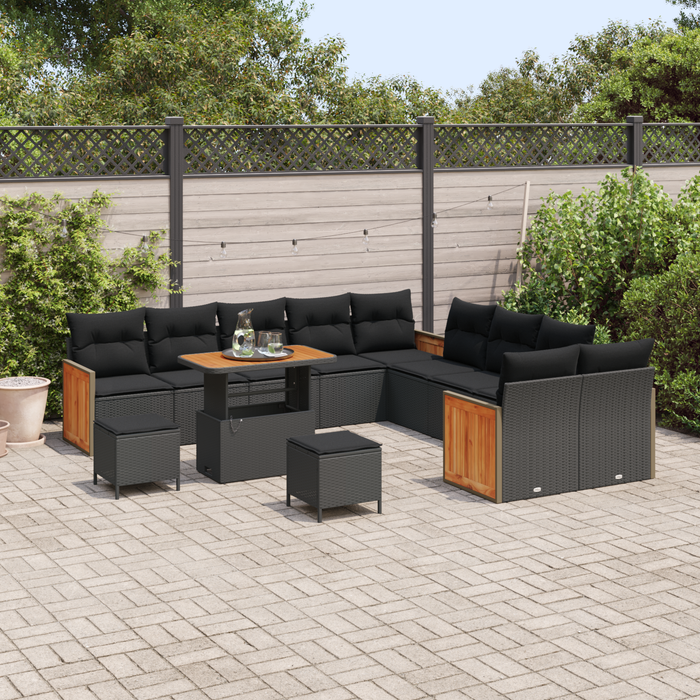 Set de sofa de grădină vidaXL cu 13 piese și perne Negru Poliratan Acacia - WALTI WALTI