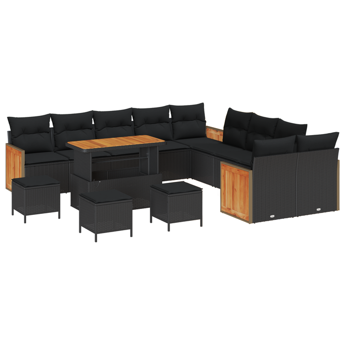 Set de sofa de grădină vidaXL 14 piese cu perne negre din ratan polițat și acacia - WALTI WALTI