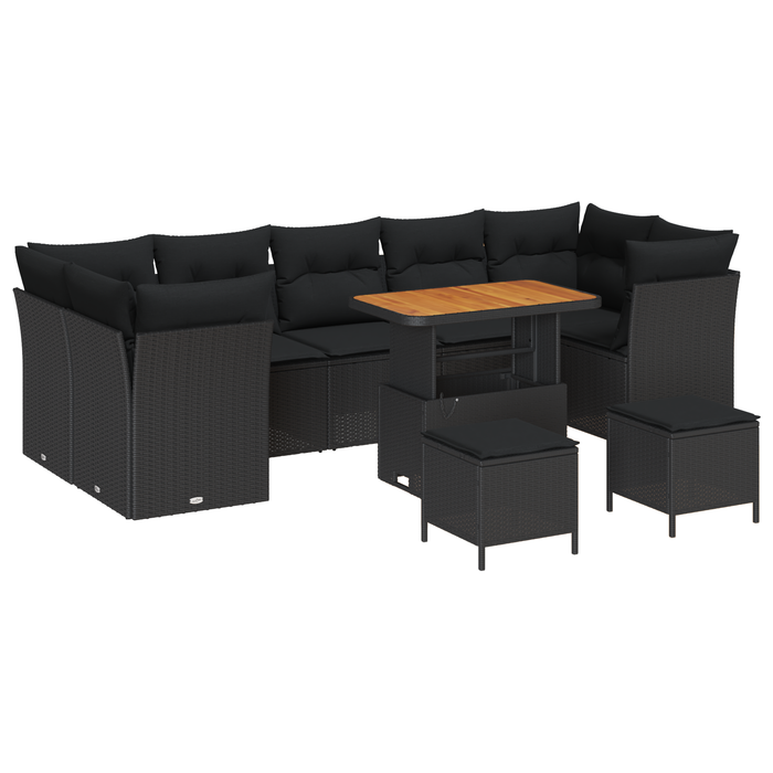 Set de sofa de grădină vidaXL cu 10 piese și perne Negru Poliratan Acacia - WALTI WALTI