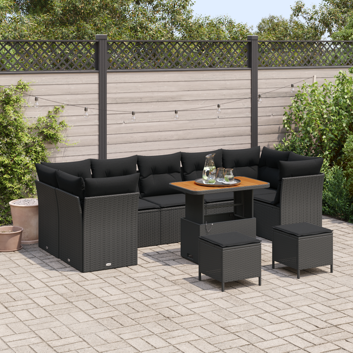 Set de sofa de grădină vidaXL cu 10 piese și perne Negru Poliratan Acacia - WALTI WALTI