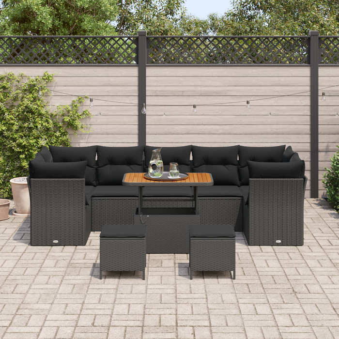 Set de sofa de grădină vidaXL cu 10 piese și perne Negru Poliratan Acacia - WALTI WALTI