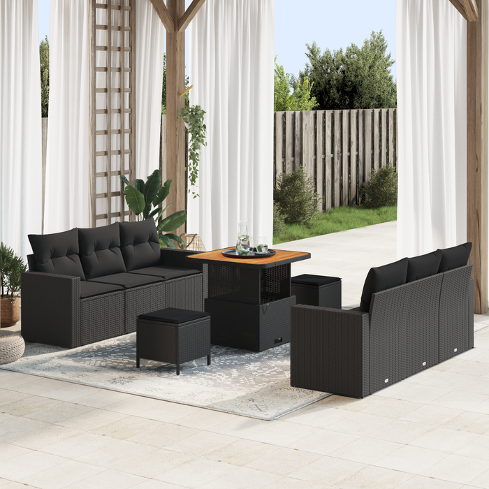 Set de Sofa pentru Grădină vidaXL cu 9 Piese cu Perne Negru Poli Ratan Acacia - WALTI WALTI