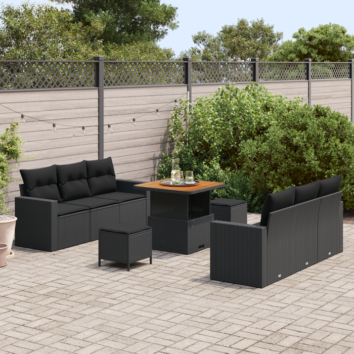 Set de Sofa pentru Grădină vidaXL cu 9 Piese cu Perne Negru Poli Ratan Acacia - WALTI WALTI