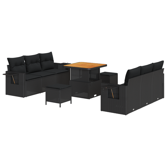 Set de Sofa de Grădină cu 9 Piese și Perne Negre din Ratan Poli Acacia - WALTI WALTI