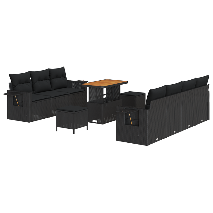 Set 10 Piese Sofa Grădină cu Pernuțe Negru Ratan Poli Acacia - WALTI WALTI