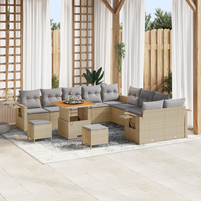Set de 13 Piese Sofa de Grădină cu Perne Bej Polyester Ratan Acacia - WALTI WALTI