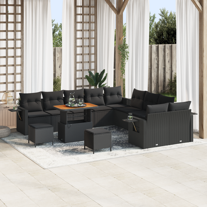 Set de Canapea pentru Grădină vidaXL cu 13 Piese cu Perne Negru Rattan Poli Acacia - WALTI WALTI