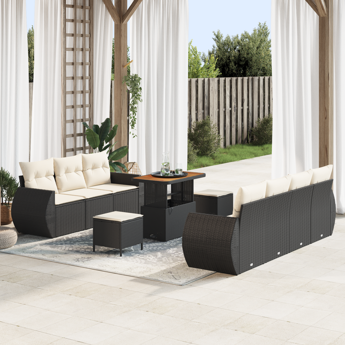 Set Canapea Grădină vidaXL 10 Piese cu Perne Negre din Ratan Poli Acacia - WALTI WALTI