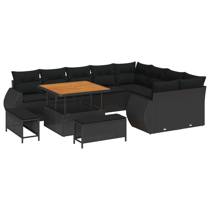 Set canapea grădină vidaXL 12 piese și perne, Negru, Poliratan, Acacia - WALTI WALTI