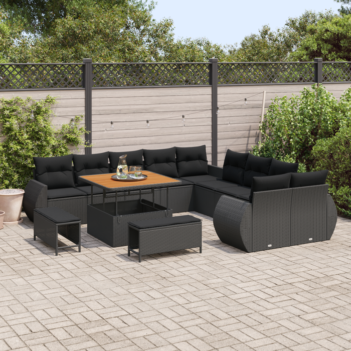 Set de canapea de grădină vidaXL cu 13 piese cu perne Negru Poliratan Acacia - WALTI WALTI