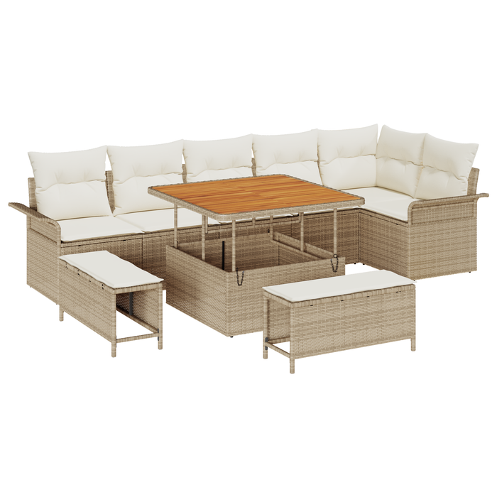 Set de sofa de grădină vidaXL cu 9 piese și perne Bej Poliratan Acacia - WALTI WALTI