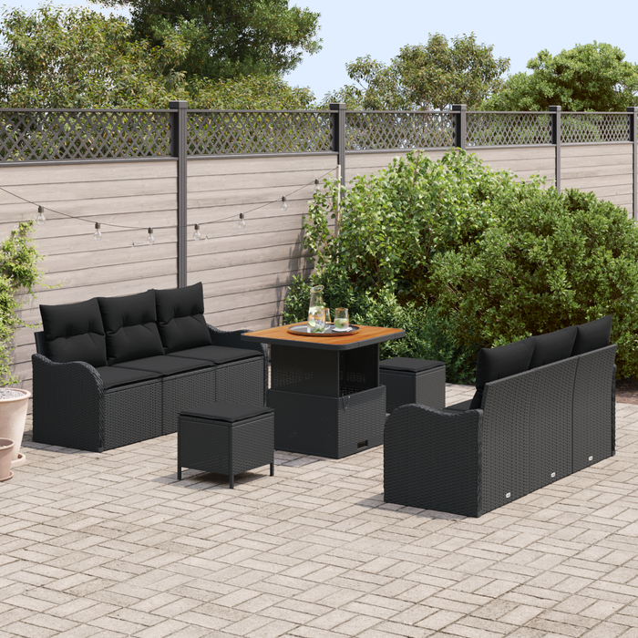 Set de sofa pentru grădină cu 9 piese și perne, negru, ratan poli, acacia - WALTI WALTI