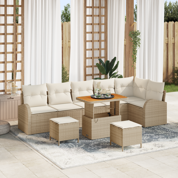 Set Canapea Grădină vidaXL 9 Piese cu Perne Bej Ratan Poly Acacia - WALTI WALTI