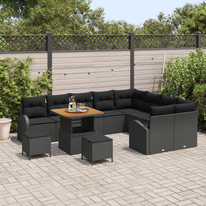 Set canapea grădină vidaXL, 12 piese, cu perne, Negru, Poliratan, Acacia - WALTI WALTI