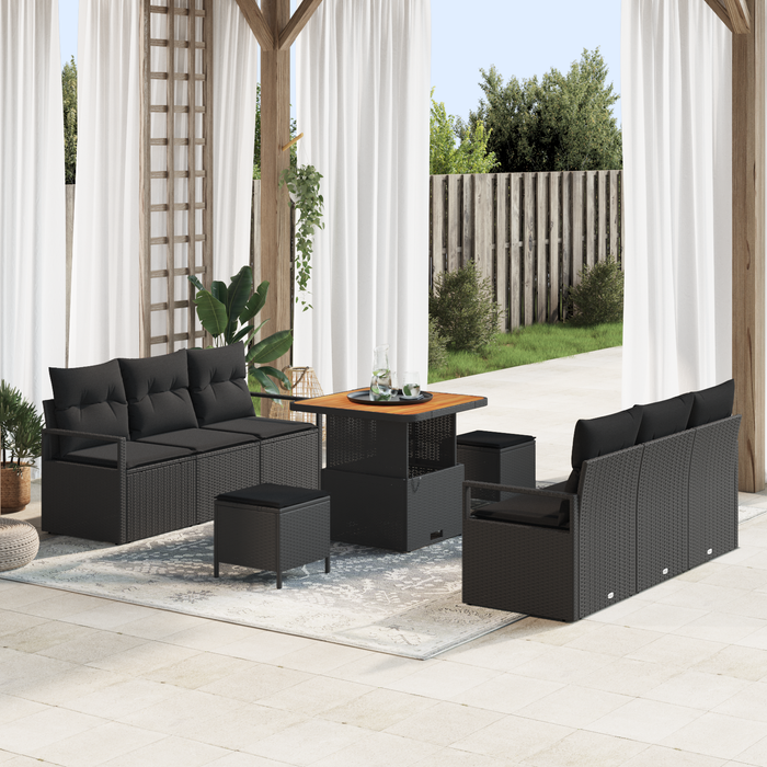 Set de Canapea de Grădină vidaXL 9 Piese cu Perne Negru Poliratan Acacia - WALTI WALTI