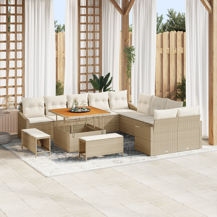 Set de 13 Piese Sofa de Grădină cu Perne Bej Ratan Poli Acacia - WALTI WALTI