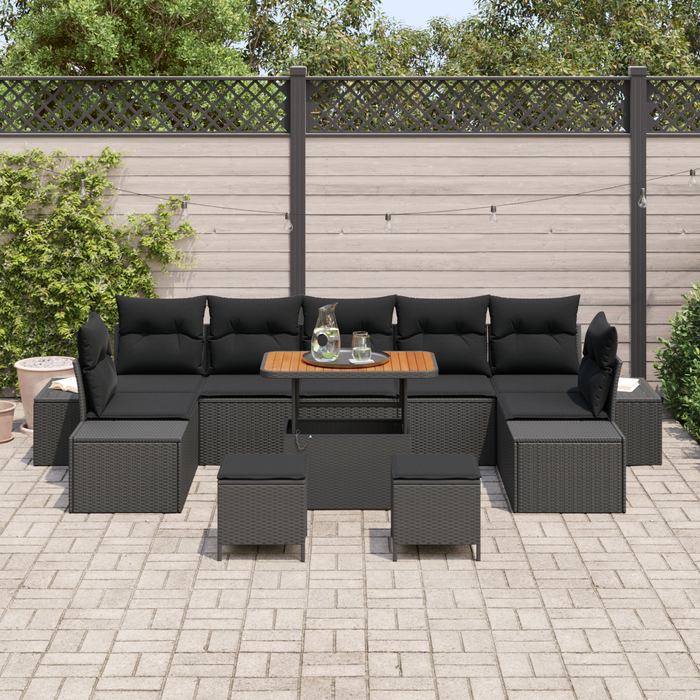 Set de Sofa de Grădină cu 10 Piese cu Pernuțe Negru Poliratan Acacia - WALTI WALTI