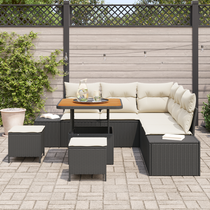 Set de sofa de grădină vidaXL cu 8 piese cu perne Negru Poliratan Acacia - WALTI WALTI